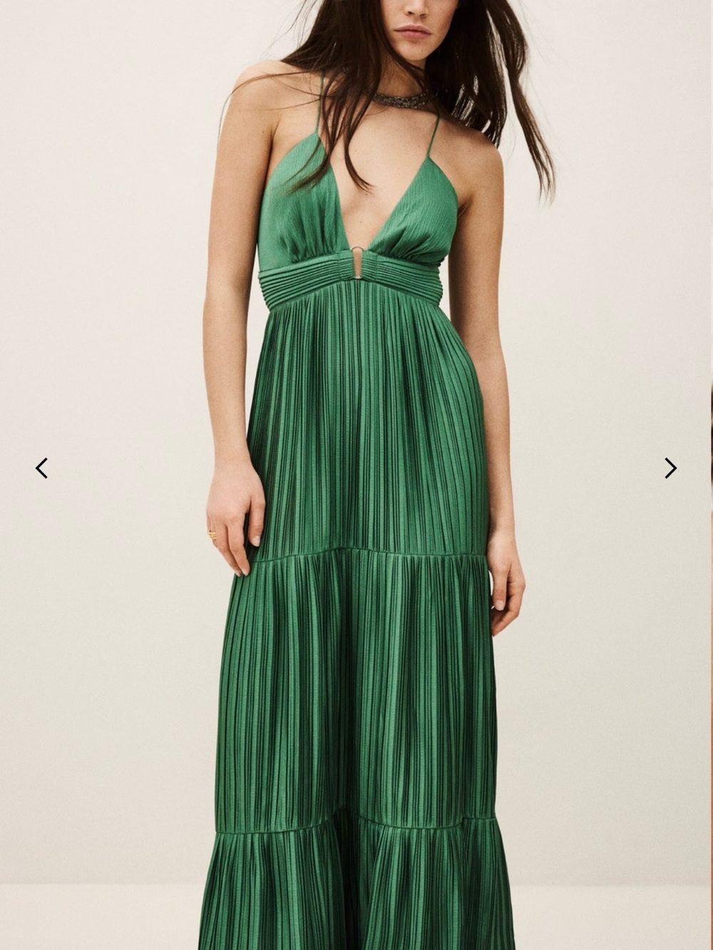 ba&sh Green Pleated Wasta Satin Maxi Dress
